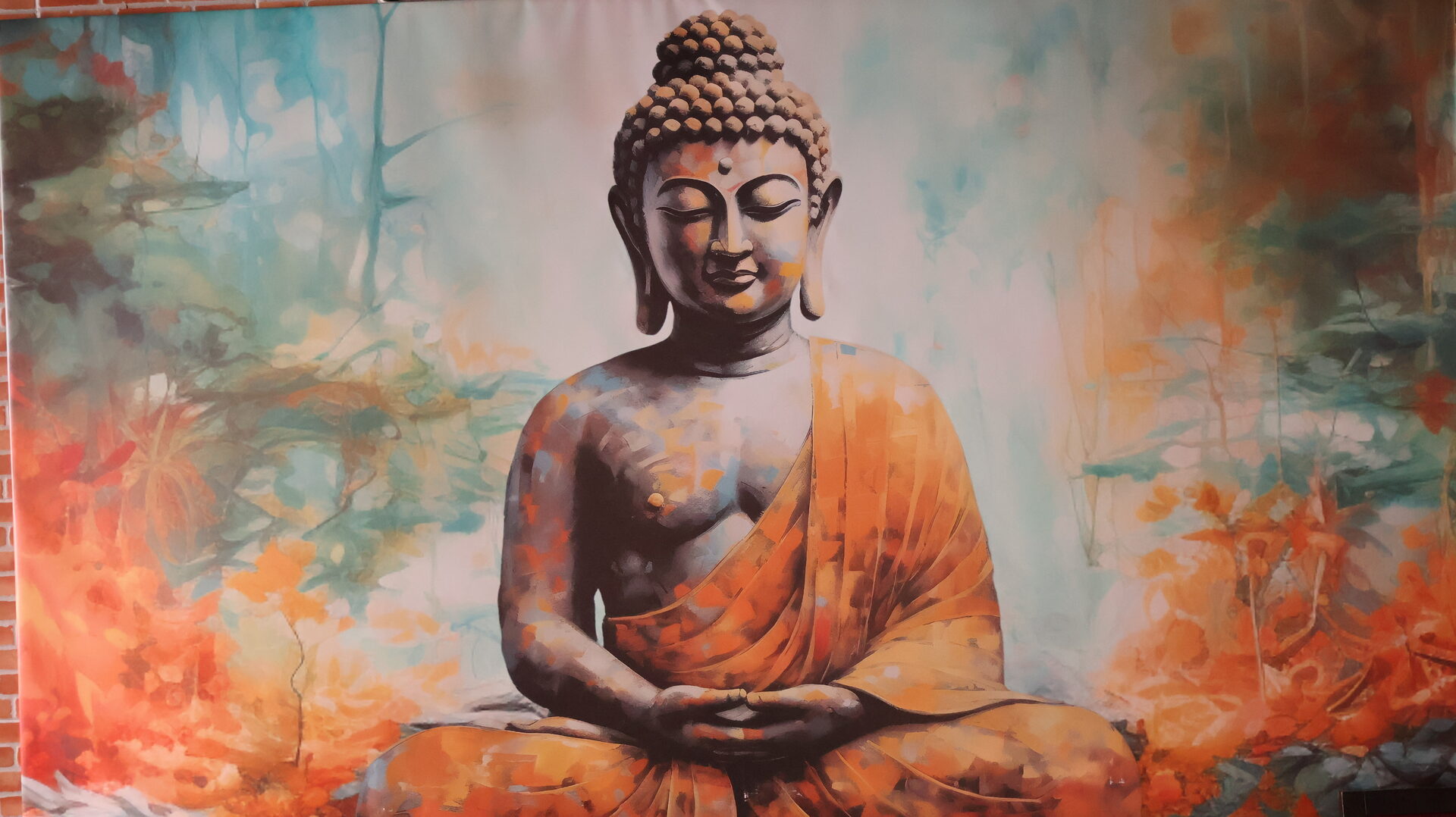 Buddha mural and brick interior